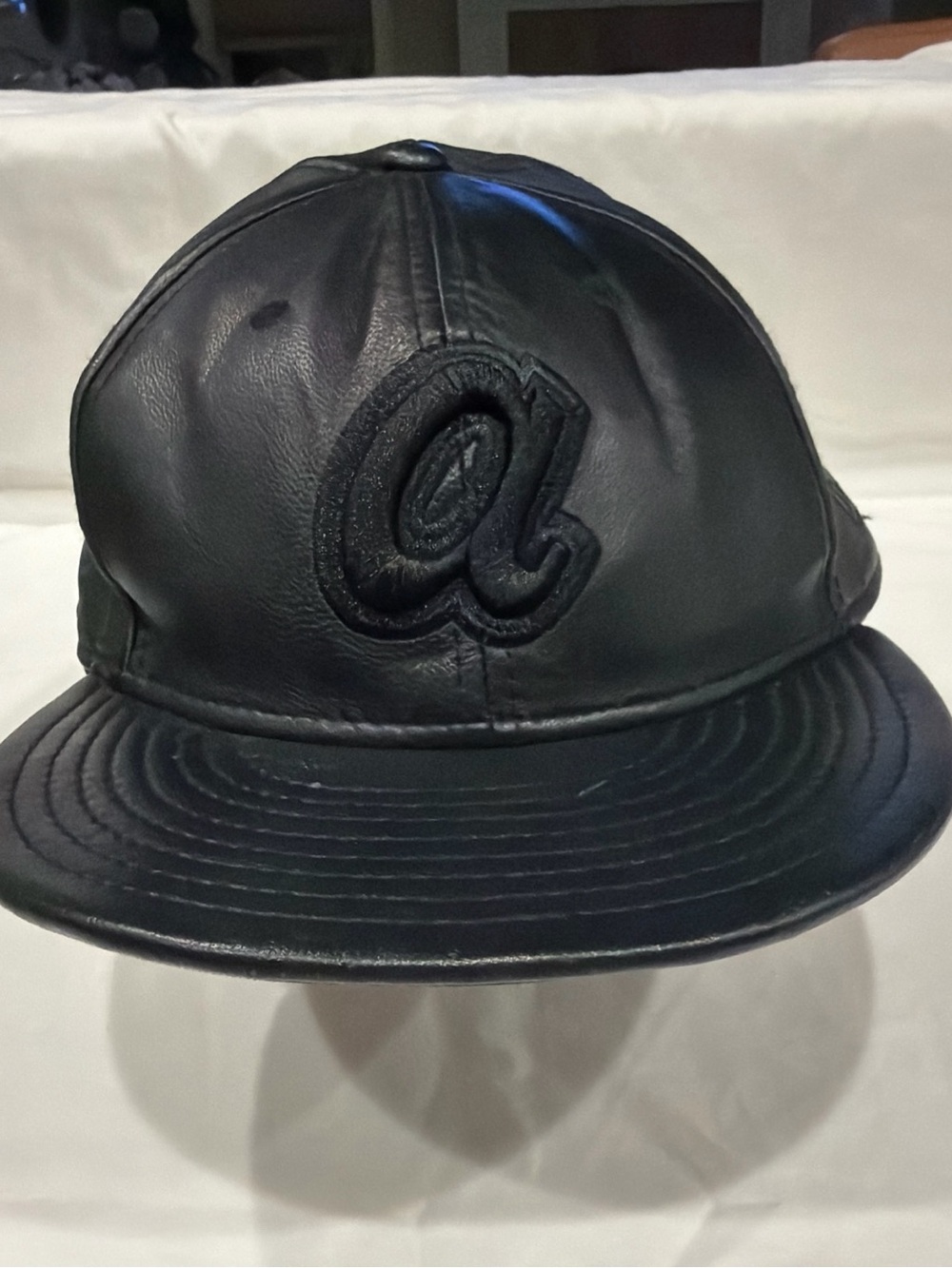 New Era Black 100% Leather Baseball Cap with Embroidered 'a' Logo 7 5/8